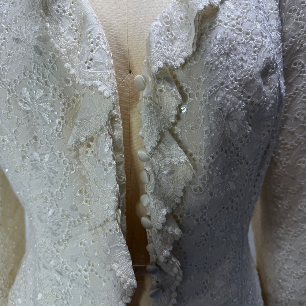 Carmen Marc Valvo Cream Eyelet Lace Beaded Sequin Evening Jacket Bolero 6 Formal - Picture 3 of 16